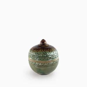 Handmade Khmer Balm Box with green celadon glaze and lotus motifs