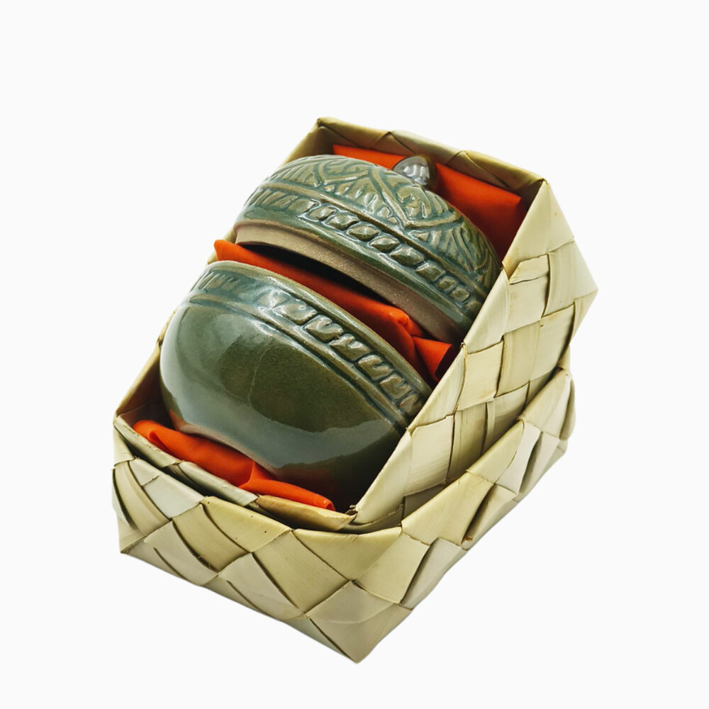 Handmade Khmer Balm Box with green celadon glaze and lotus motifs