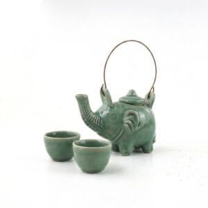 Handmade Elephant Tea Set with green Celadon glaze in palm leaf box