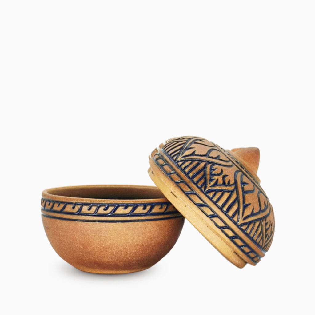 Handmade Khmer Balm Box with natural and blue glaze and lotus motifs