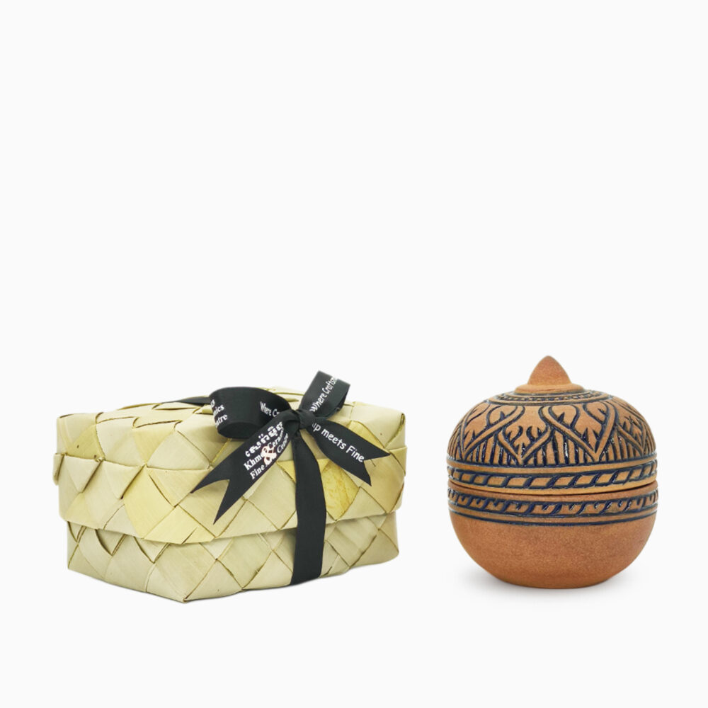 Handmade Khmer Balm Box with natural and blue glaze and lotus motifs