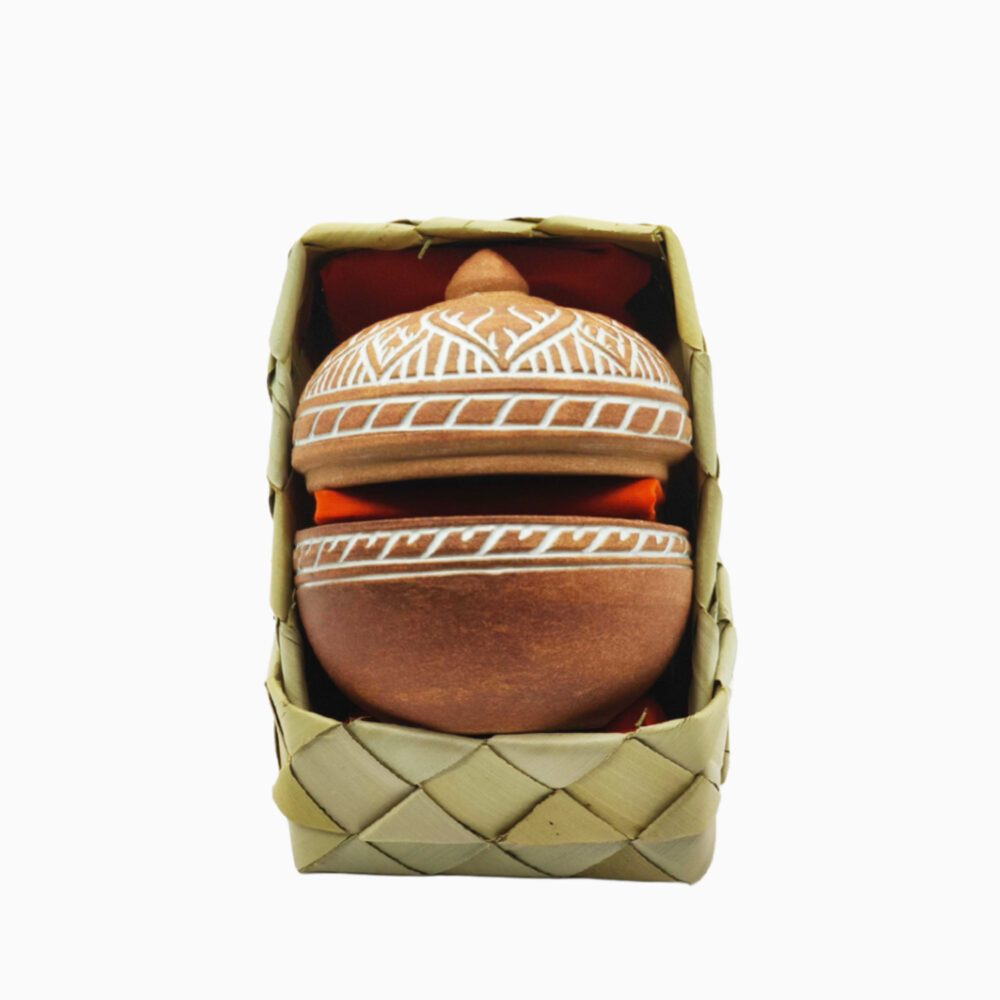 Handmade Khmer Balm Box with natural and white gloss glaze and lotus motifs