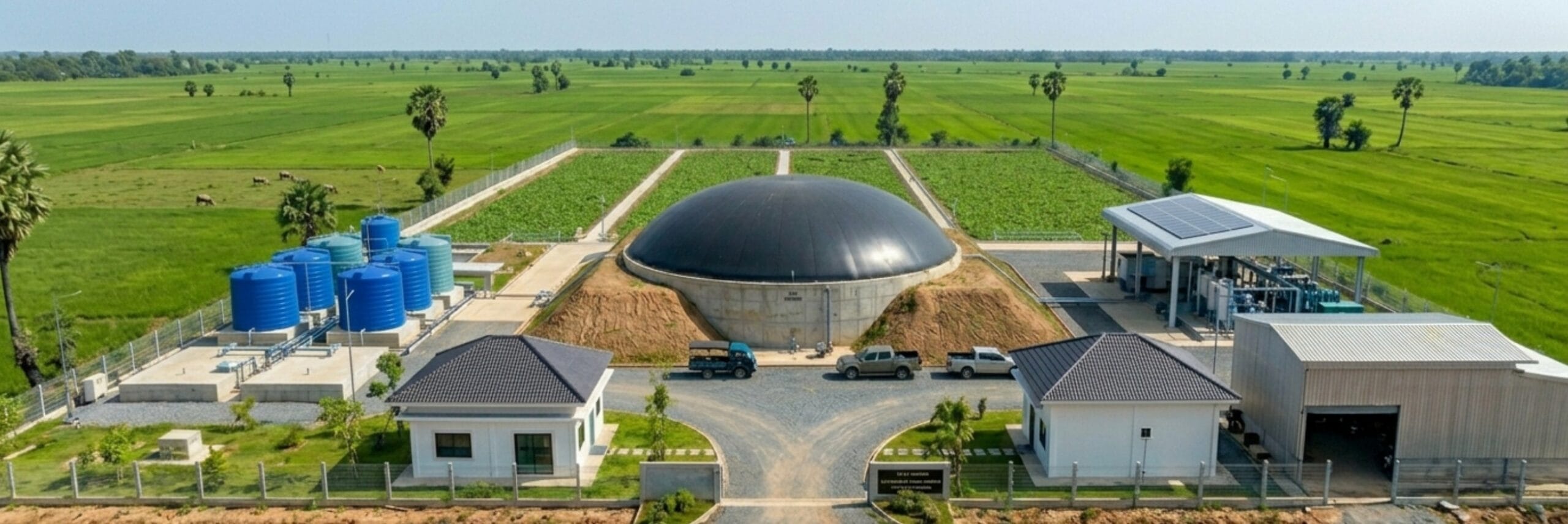 Vue de face de l'usine de Khmer Ceramics utilisant la biomasse pour produire du méthane ; maquette générée pour le projet.